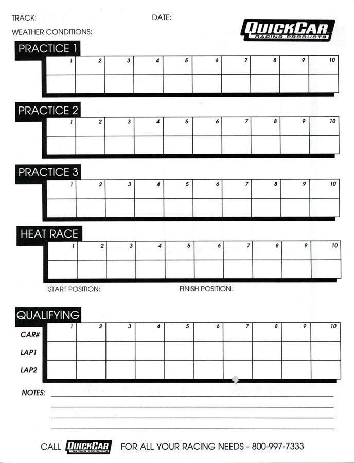Quickcar Racing Time Organizer Sheets 100 Lap (50PK)