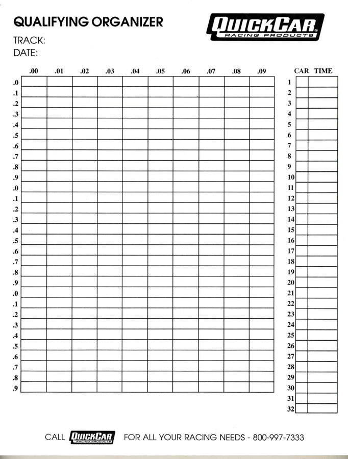 Quickcar Racing Qualifying Organizer Sheets (50pk)