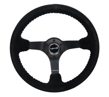 Cargar imagen en el visor de la galería, NRG Reinforced Steering Wheel (350mm / 3in. Deep) Blk Suede/Blk Bball Stitch w/5mm Matte Black Spoke