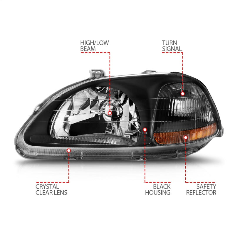 Faros delanteros de cristal ANZO para Honda Civic 1996-1998, color negro