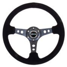 Cargar imagen en el visor de la galería, NRG Reinforced Steering Wheel (350mm / 3in. Deep) Blk Suede/Blk Stitch w/Black Circle Cutout Spokes