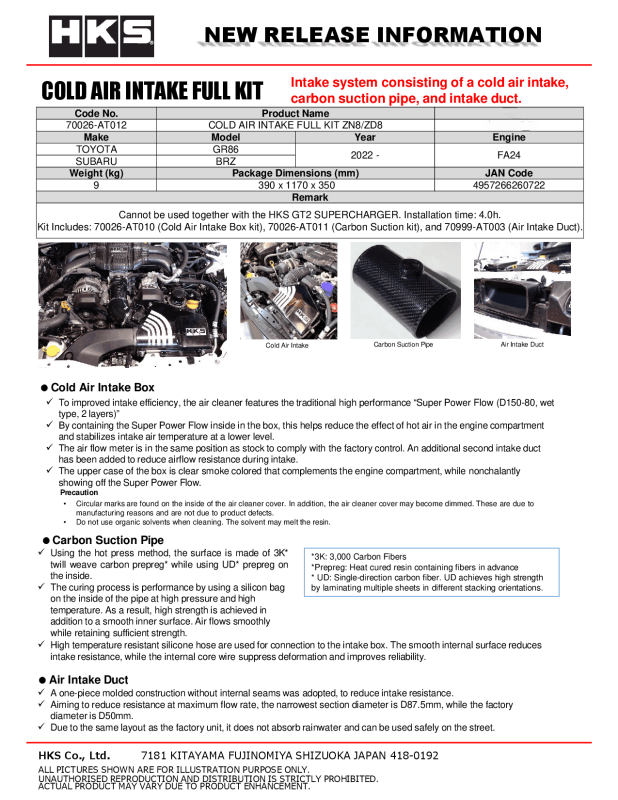 HKS Cold Air Intake Full Kit — Fits 2022+ Subaru BRZ ZD8 / Toyota GR86 ZN8