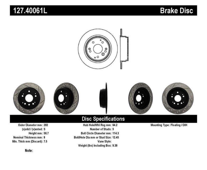 Rotor trasero izquierdo ranurado y perforado para Acura TL 04-08 / Honda Element 03-09 StopTech