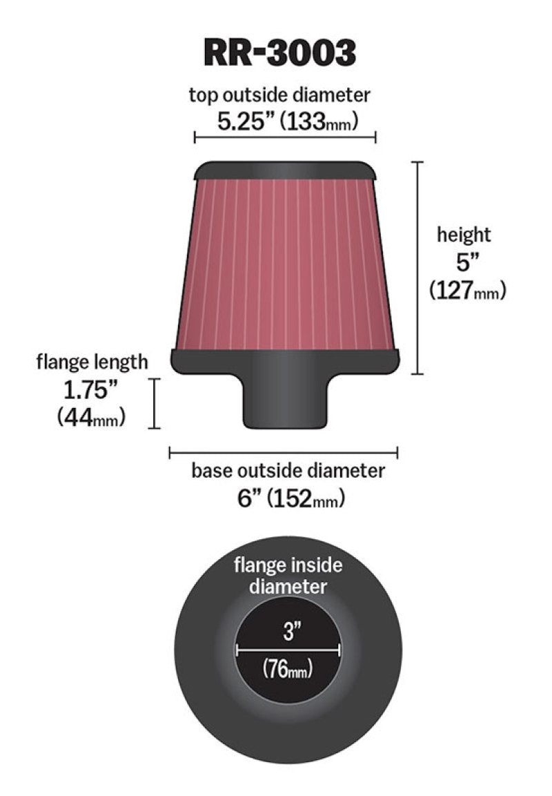 K&N RR-3003 Universal Air Filter — 3" Flange, 6" Base, 5.25" Top, 5" Height, Polished Top