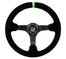 Cargar imagen en el visor de la galería, NRG Reinforced Steering Wheel 350mm/3in. Deep Blk Suede/ Neon Green Stitch w/5mm Matte Black Spoke