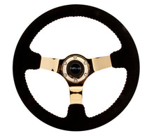 Cargar imagen en el visor de la galería, NRG Reinforced Steering Wheel (350mm / 3in. Deep) Blk Suede w/Red BBall Stitch &amp; Chrome Gold 3-Spoke