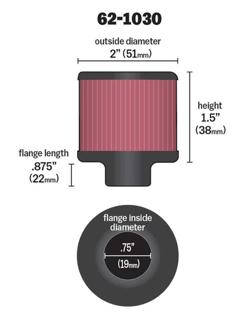 K&N 62-1030 Crankcase Vent Filter — .75in Vent, 2in OD, 1.5in Height, Rubber Top