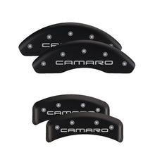 Cargar imagen en el visor de la galería, MGP 4 Caliper Covers Engraved Front &amp; Rear With stripes/Challenger Black finish silver ch