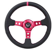 Cargar imagen en el visor de la galería, NRG Reinforced Steering Wheel (350mm/3in. Deep) Black Leather/ Fushia Center Mark/ Fushia Stitching