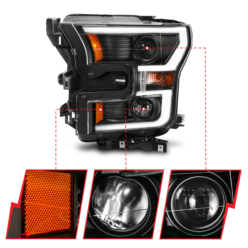 ANZO 2015-2017 Ford F-150 Projector Headlights w/ Plank Style Switchback Black w/ Amber