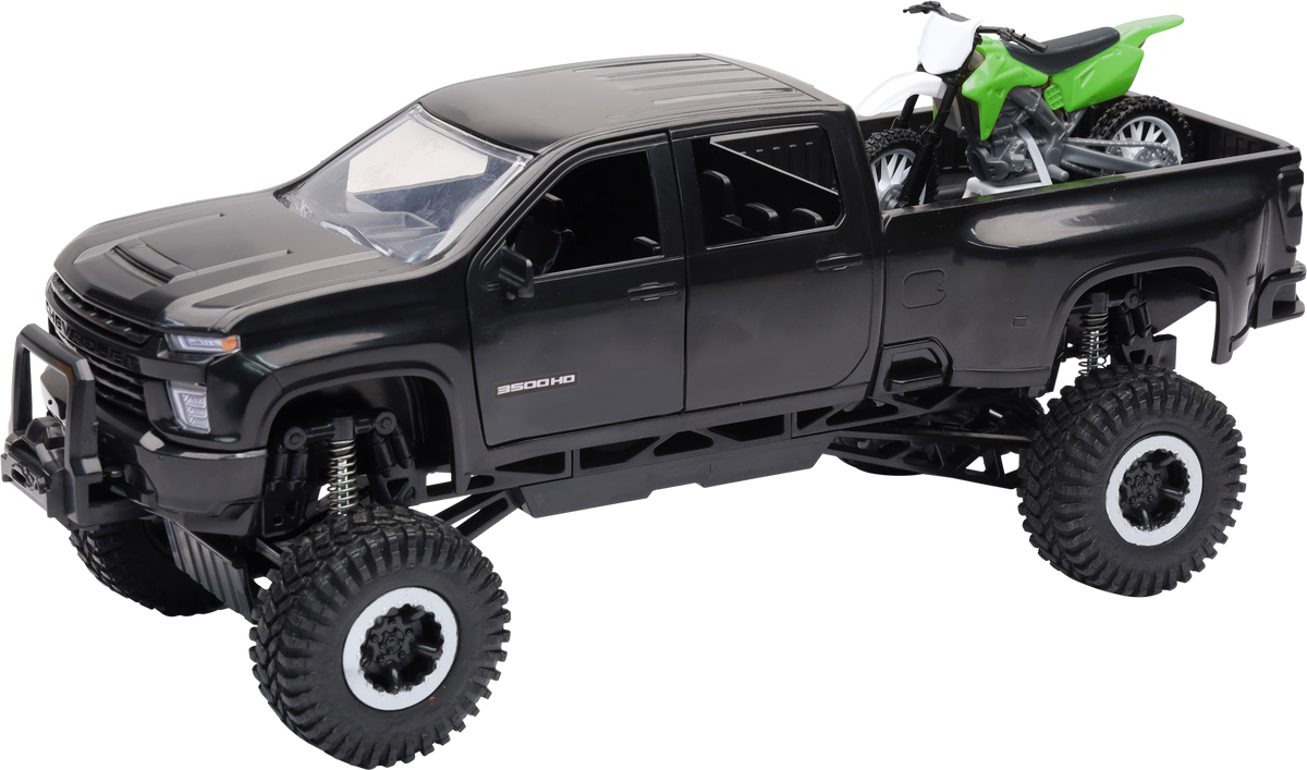 NEW-RAY 1:20 Scale Chevrolet 3500 HD Offroad Pickup w/GRN Dirt Bike (SS-37596)