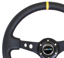 Cargar imagen en el visor de la galería, NRG Reinforced Steering Wheel (350mm / 3in. Deep) Blk Leather w/Blk Cutout Spoke/Yellow Center Mark