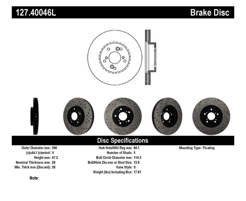 StopTech Slotted & Drilled Left Front Rotor — Fits Nissan 370Z, Acura CL, TSX, Honda Accord