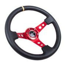 Cargar imagen en el visor de la galería, NRG Reinforced Steering Wheel (350mm / 3in. Deep) Blk Leather w/Red Spokes &amp; Sgl Yellow Center Mark