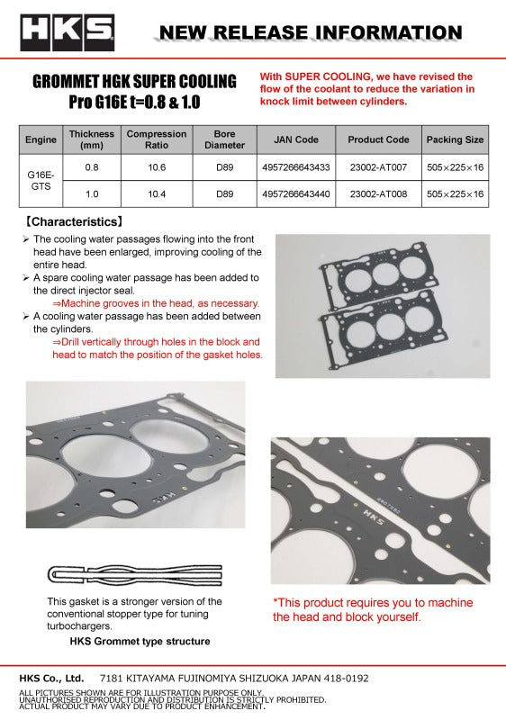 HKS Grommet Head Gasket Super Cooling ProG16E T 1.0