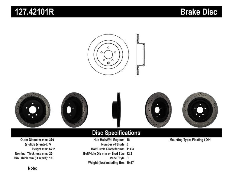 Rotor trasero derecho ranurado y perforado StopTech Infiniti G37 / Nissan 370Z SportStop