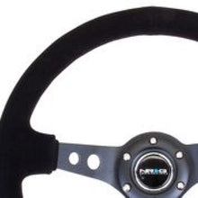 Cargar imagen en el visor de la galería, NRG Reinforced Steering Wheel (350mm / 3in. Deep) Blk Suede/Blk Stitch w/Black Circle Cutout Spokes