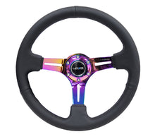 Cargar imagen en el visor de la galería, NRG Reinforced Steering Wheel (350mm / 3in. Deep) Blk Leather/Blk Stitch w/Neochrome Slits