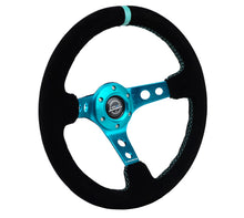 Cargar imagen en el visor de la galería, NRG Reinforced Steering Wheel (350mm/ 3in. Deep) Black Suede/ Teal Center Mark/ Teal Stitching