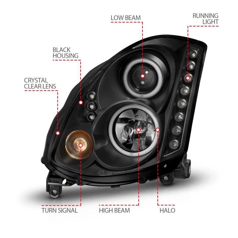 Faros delanteros con proyector ANZO 2003-2007 Infiniti G35 con Halo negro (CCFL) (compatible con HID)