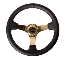 Cargar imagen en el visor de la galería, NRG Reinforced Steering Wheel (350mm / 3in. Deep) Blk Leather/Red BBall Stitch w/4mm Gold Spokes