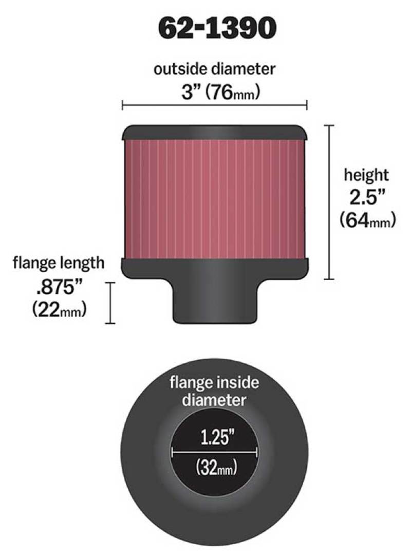 K&N 62-1390 Crankcase Vent Filter — 1.25in Flange ID x 3in OD x 2.5in H Chrome Top