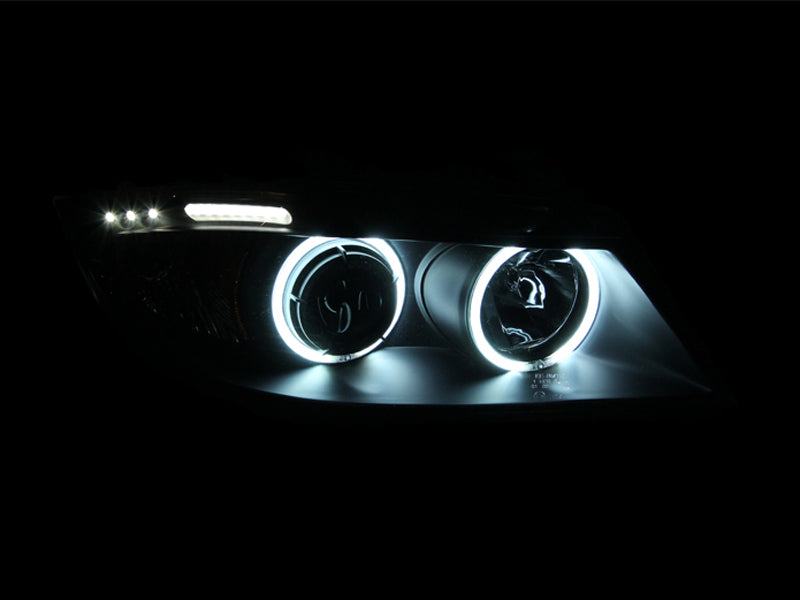 Faros delanteros con proyector ANZO 2006-2008 BMW Serie 3 E90-E91 con halo y barra LED negra (CCFL)