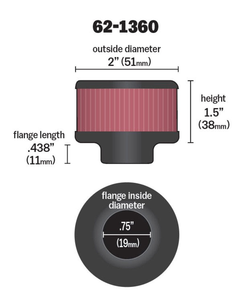 K&N 62-1360 Crankcase Vent Filter - 0.75in Flange ID Rubber Base Clamp-On