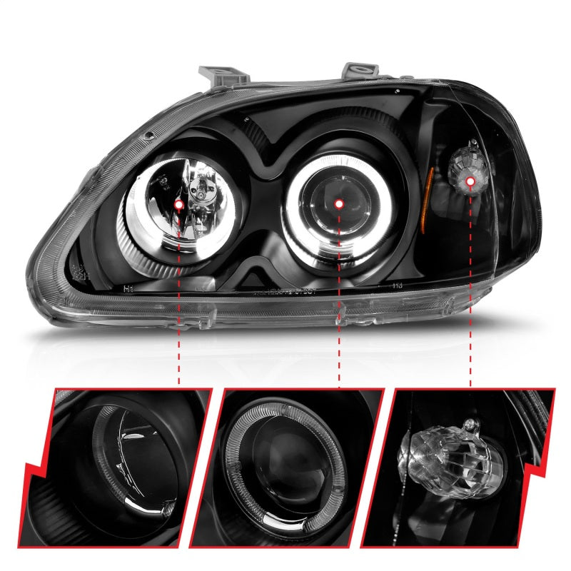 Faros delanteros con proyector ANZO 1996-1998 Honda Civic con Halo negro