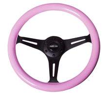 Cargar imagen en el visor de la galería, NRG Classic Wood Grain Steering Wheel (350mm) Solid Pink Painted Grip w/Black 3-Spoke Center