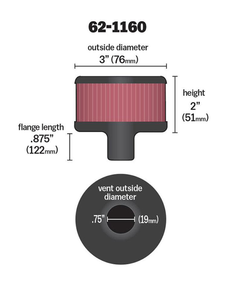 K&N 62-1160 Crankcase Vent Filter — 3/4in Vent, 3in Diameter, 2in Height, Chrome Top