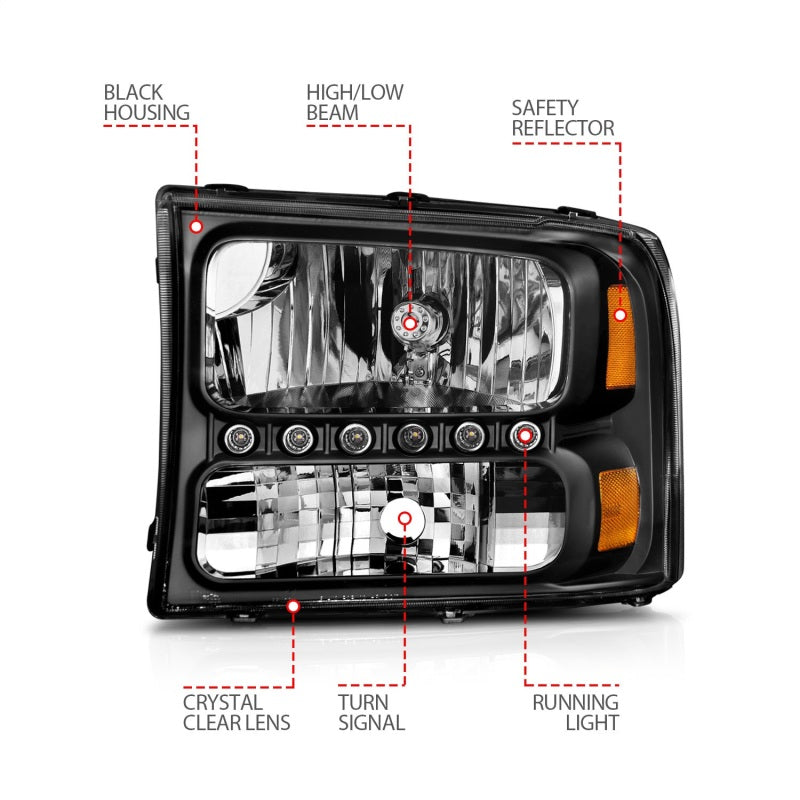 Faros delanteros de cristal ANZO 2000-2004 Ford Excursion con LED, color negro, 1 unidad