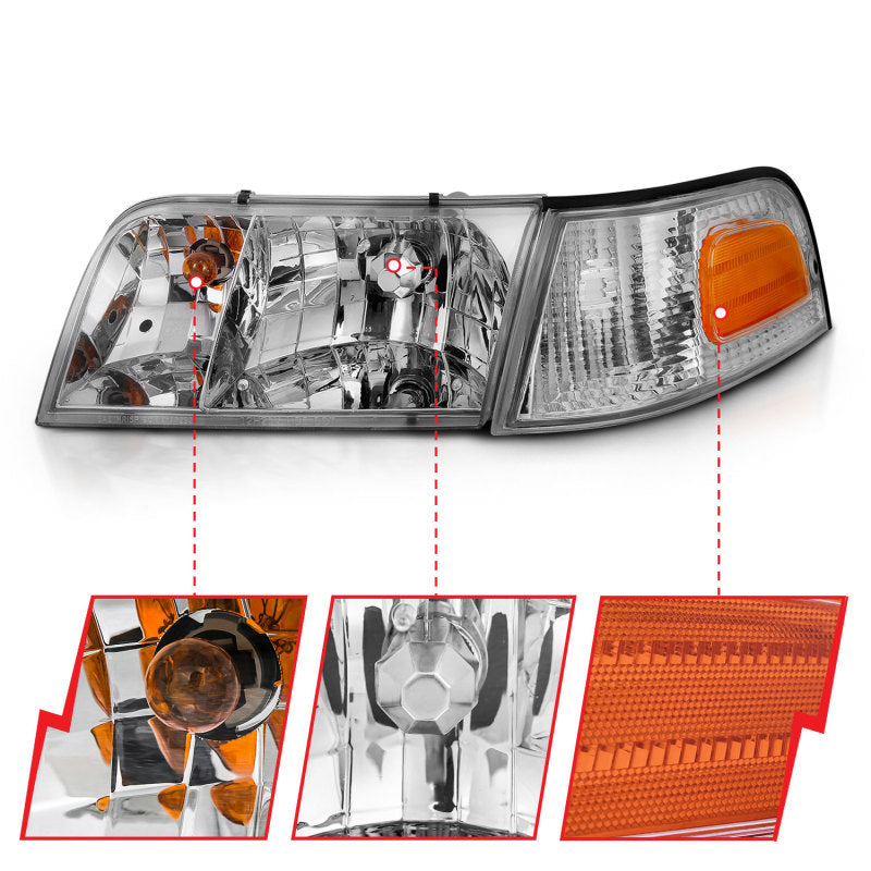 Faro delantero de cristal cromado con luz de parachoques ANZO 1998-2005 Ford Crown Victoria (OE)