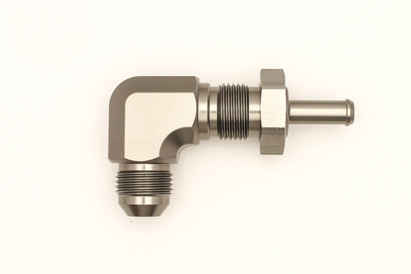 DeatschWerks 8AN Male Flare to 5/16in Barb Bulkhead Adapter 90-Degree — Universal Fuel System Plumbing