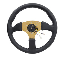 Cargar imagen en el visor de la galería, NRG Reinforced Steering Wheel (350mm / 2.5in. Deep) Leather Race Comfort Grip w/4mm Gold Spokes