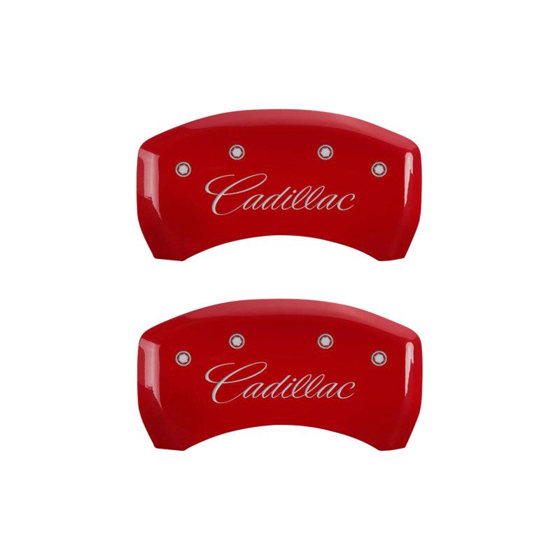 MGP Caliper Covers Engraved Front & Rear Cursive Cadillac Red/Silver — Fits 2016-2017 Cadillac CT6