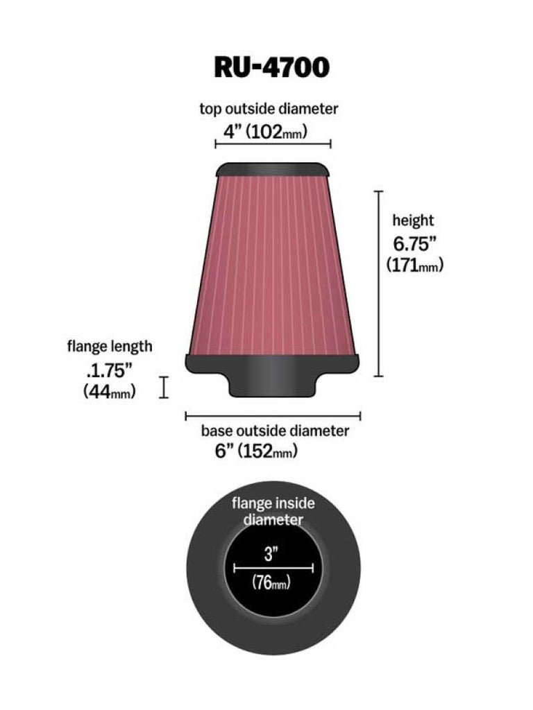 K&N Universal Tapered Filter 3in Flange ID x 6in Base OD x 4in Top OD x 6.75in Height