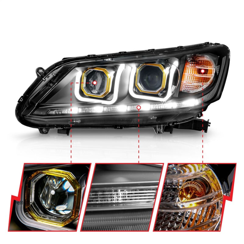 Faros delanteros con proyector ANZO 2013-2015 Honda Accord con barra en U, color negro