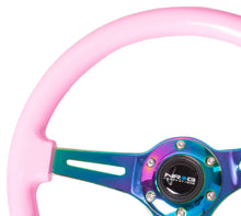 Cargar imagen en el visor de la galería, NRG Classic Wood Grain Steering Wheel (350mm) Solid Pink Painted Grip w/Neochrome 3-Spoke Center