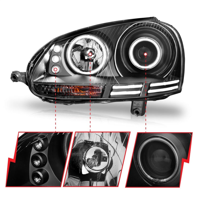 Faros delanteros con proyector ANZO 2006-2009 Volkswagen Rabbit con Halo negro (CCFL)