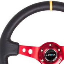 Cargar imagen en el visor de la galería, NRG Reinforced Steering Wheel (350mm / 3in. Deep) Blk Leather w/Red Spokes &amp; Sgl Yellow Center Mark