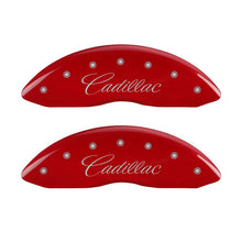 Load image into Gallery viewer, MGP 4 Caliper Covers Engraved Front Cursive/Cadillac Engraved Rear CTS Red finish silver ch