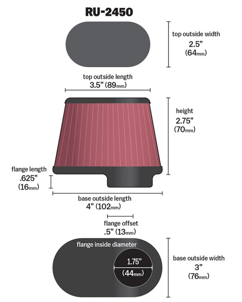 K&N Univ Clamp-On Air Filter - 1-3/4in FLG O/S 4in X 3in B 3in X 2in T 2-3/4inH OVAL