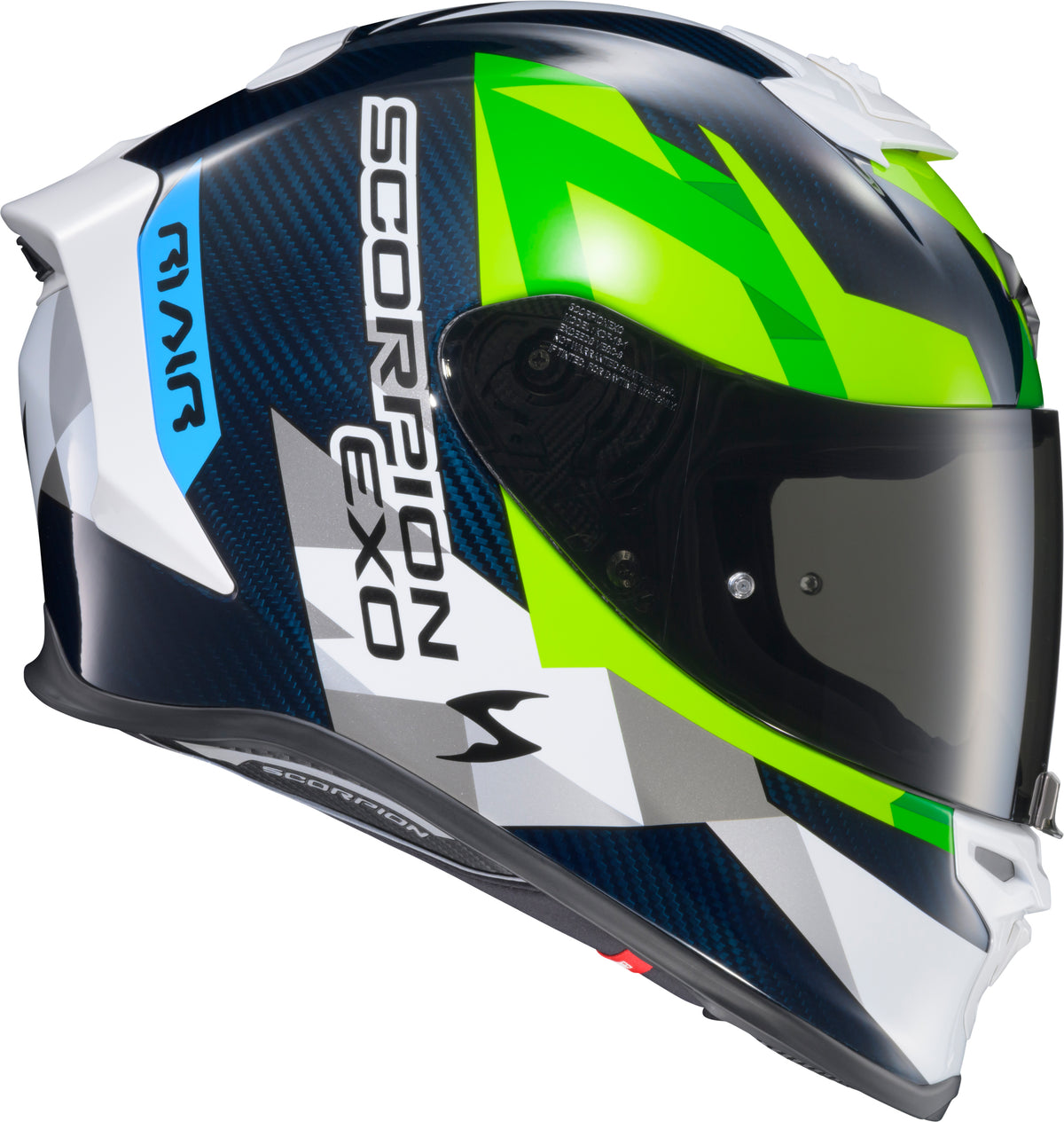 Scorpion EXO EXO-R1 AIR Full Face Helmet Carbon Rastor WHT/GRN/Blue XL (R1C-2106)