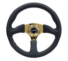 Cargar imagen en el visor de la galería, NRG Reinforced Steering Wheel (350mm / 2.5in. Deep) Leather Race Comfort Grip w/4mm Gold Spokes