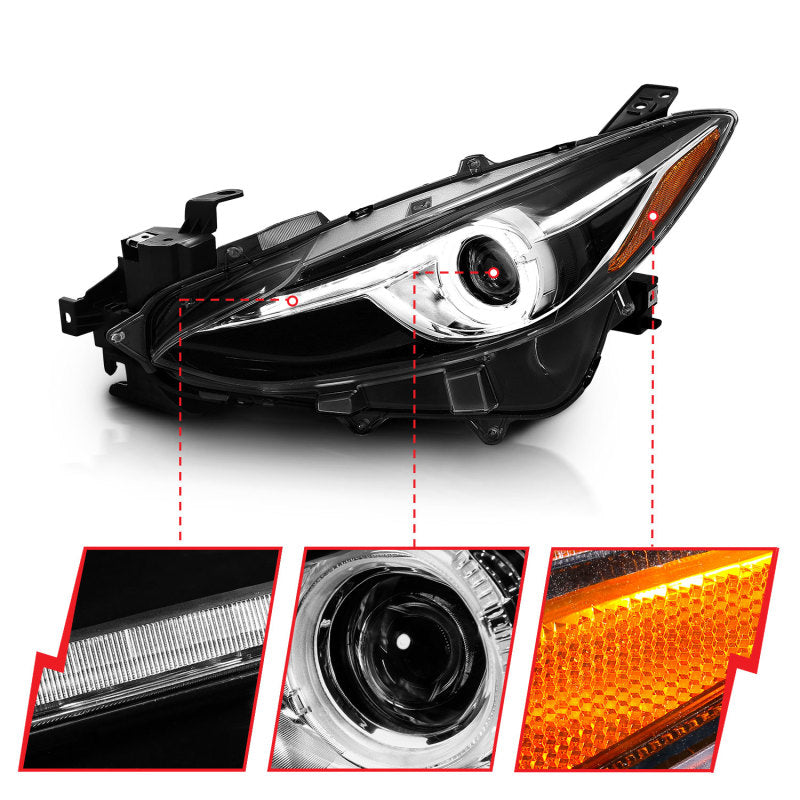 Faros delanteros con proyector ANZO con halo negro y ámbar para Mazda 3 2014-2017