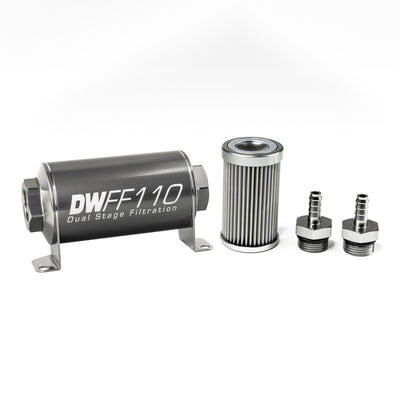 DeatschWerks Stainless Steel 5/16in 10 Micron Inline Fuel Filter Housing Kit — Universal Fitment