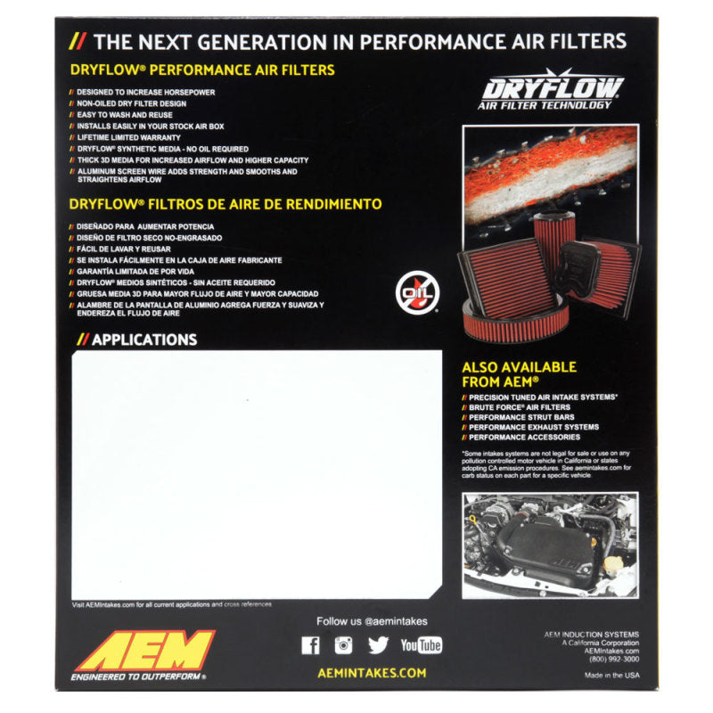 AEM DryFlow Air Filter — Fits 2016-2024 Acura MDX, Honda Pilot, Odyssey, Passport, Ridgeline