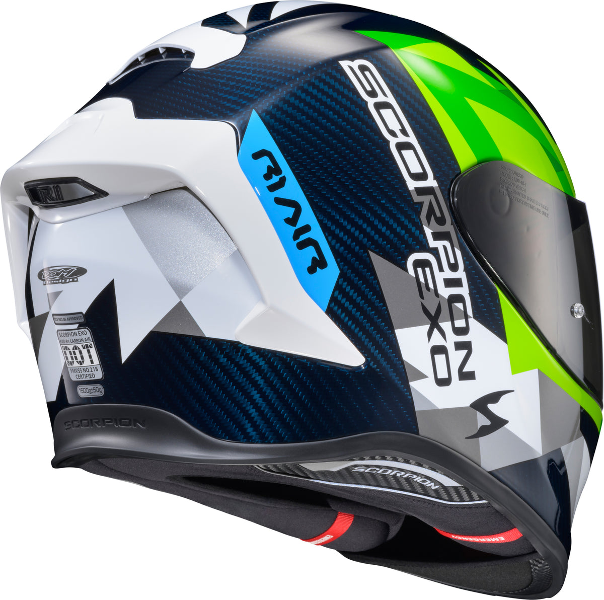 Scorpion EXO EXO-R1 AIR Full Face Helmet Carbon Rastor WHT/GRN/Blue XL (R1C-2106)