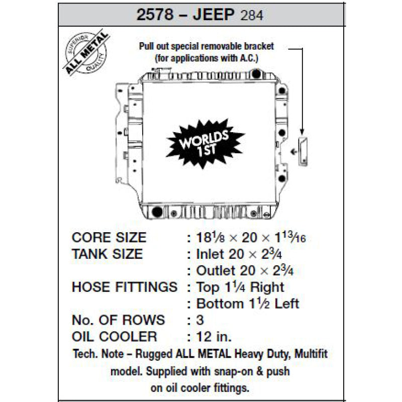 Radiador de plástico OEM Jeep Wrangler 2.5L CSF 87-02